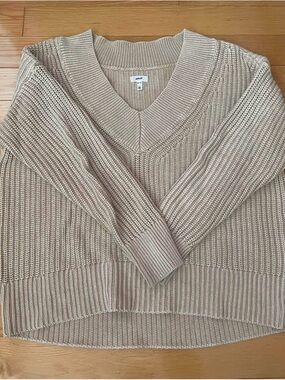 aerie Beige V-Neck Ribbed Knit Sweater